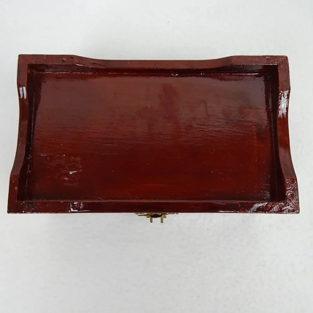 Vintage Asian Jewelry Box Lacquered Carved Diorama Art Inset Pagoda Lined